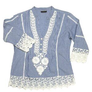 Kanishka‎ Blue and White Striped Cotton Lace Accent Tunic